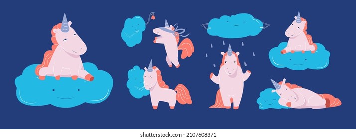 Set of cute vector illustrations in flat style. Unicorn and cloud friendship. Friends play together, sleep and even quarrel.