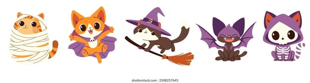 Conjunto de Ilustraciones vectoriales lindas para las vacaciones de Halloween. Gatitos en un palo de escoba, bruja, vampiro, Drácula, momia y esqueleto disfraz