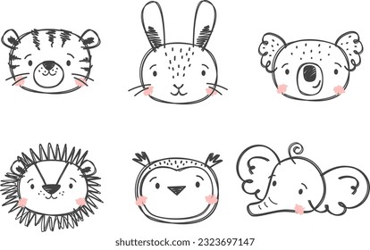 A set of cute vector illustrations in a linear hand-drawn style. Animals hand-drawn with felt-tip pen. Tiger, elephant, owl, hare, koala, lion. 