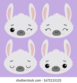 A set of cute vector illustrations of llamas. Emotional alpacas on a delicate purple background. Design for children, poster, print on fabric, greeting card.
