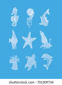 A set of cute vector illustrations of marine inhabitants, made in a unique style.