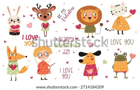 A set of cute vector illustrations in a naive style. Cute animals in clothes holding hearts, a baby cupid. Lion, rabbit, frog, deer, dog, fox, and cat. A collection of vector illustrations for Valenti
