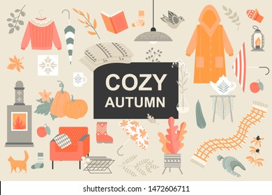 Set of cute vector illustrations of objects and attributes of autumn in scandinavian hygge style. Autumn accessories, household items, furniture and plants