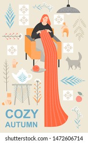 Set of cute vector illustrations of objects and attributes of the scandinavian hygge style and woman knitting scarf. 