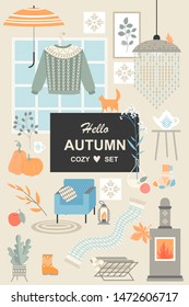 Set of cute vector illustrations of objects and attributes of the scandinavian hygge style. Autumn accessories, household items, furniture and plants