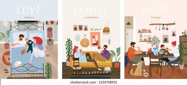 Set of cute vector illustrations of people in everyday life, happy family at home resting in the living room on the sofa, sleeping in the bedroom, eating in the kitchen