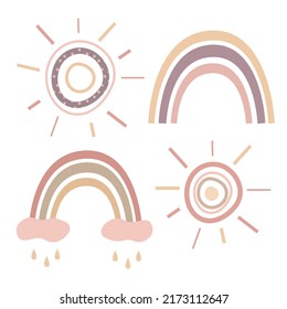 Set of cute vector illustrations with rainbow and sun isolated on white background. For printing on children's textiles and accessories.