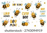 A set of cute vector illustrations in a simple style. Cute bees with different emotions and inscriptions with daisies.