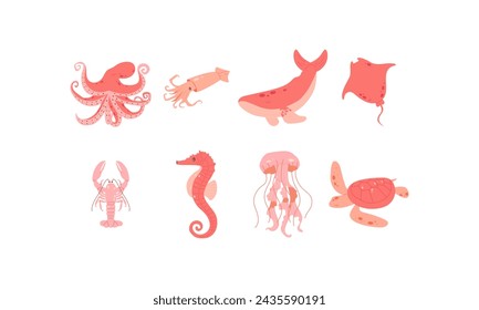 Set of cute vector illustrations of underwater inhabitants. Turtle, jellyfish, squid, whale, stingray, seahorse, lobster
