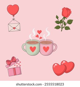 Set of Cute Vector Illustrations for Valentine's Day. Hearts, Love Letter, Rose Flower, Love Gift Box and Two Love Mugs.