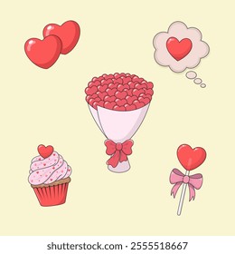 Set of Cute Vector Illustrations for Valentine's Day. Hearts, Thoughts about Love, Love Cupcake, Lollipop and Love Bouquet.