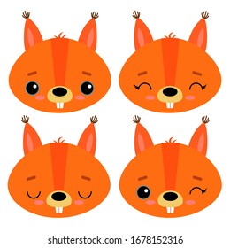 Set of cute vector illustrations with wild forest animals. Emotional squirrel Isolated on a white background. Design for children, poster, print on fabric, greeting card.