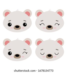Set of cute vector illustrations with wild northern animals. Emotional polar bear Isolated on a white background. New Year's animals. Design for children, poster, print on fabric, greeting card.
