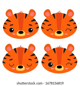 Set of cute vector illustrations with wild predatory animals. Emotional tiger Isolated on a white background. Design for children, poster, print on fabric, greeting card.