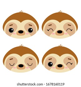 Set of cute vector illustrations with wild animals. Emotional sloth isolated on a white background. The trend. Design for children, poster, print on fabric, greeting card.