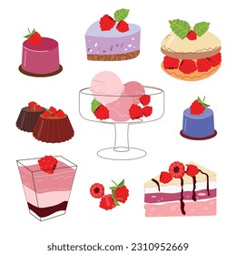 Conjunto de lindas imágenes vectoriales de postres de frambuesa. Deliciosos dulces con sabor a frambuesa. Ilustración vectorial de verano.