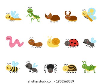 Set of cute vector insects in cartoon style. Collection of childish illustrations.