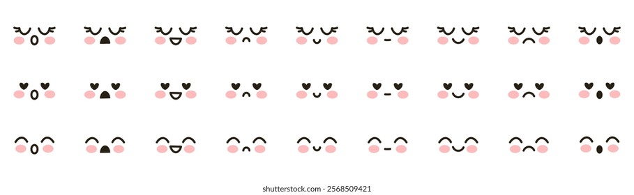 Set of cute vector kawaii emoji. Anime, manga, adorable expressive faces, emoji. Cute faces happy, smiling, sad and angry - for kawaii cartoon doodle design Chibis isolated on white background