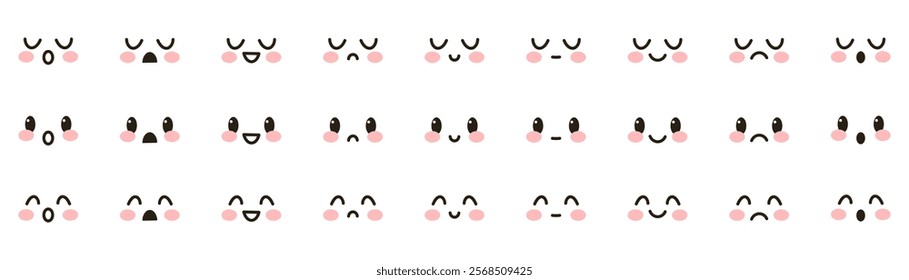 Set of cute vector kawaii emoji. Anime, manga, adorable expressive faces, emoji. Cute faces happy, smiling, sad and angry - for kawaii cartoon doodle design Chibis isolated on white background