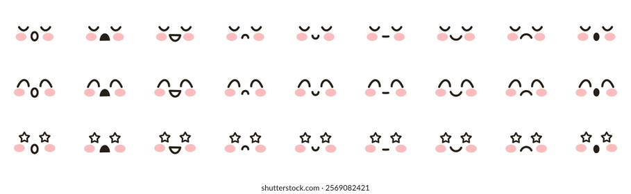 Set of cute vector kawaii emoji. Anime, manga, adorable expressive faces, emoji. Cute faces happy, smiling, sad and angry - for kawaii cartoon doodle design Chibis isolated on white background