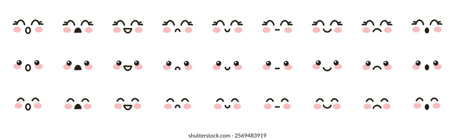 Set of cute vector kawaii emoji. Anime, manga, adorable expressive faces, emoji. Cute faces happy, smiling, sad and angry - for kawaii cartoon doodle design Chibis isolated on white background