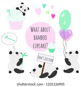 Set of cute vector kawaii panda bears with bamboo, balloons and cupcake, perfect for stickers, patches, etc.