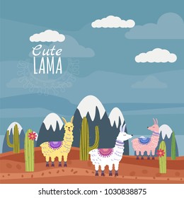 Set of Cute vector lama and cactus, mountaine landscape. Vector illustration