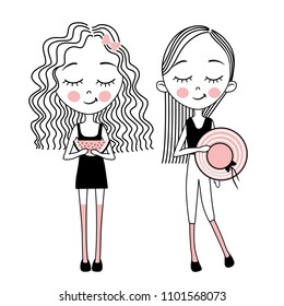 Set with cute vector little girls. Fashion kids. Cartoon girlfriend. Sketch style. Summer illustration. Line art. 