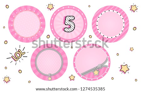 Set of cute vector LOL surprise cupcake toppers. Pink party stickers. Blank background for name, age, text, pictures in center. Round zipper, sunbeam, striped. Little small stars. Tiny sweet design Stock photo © 