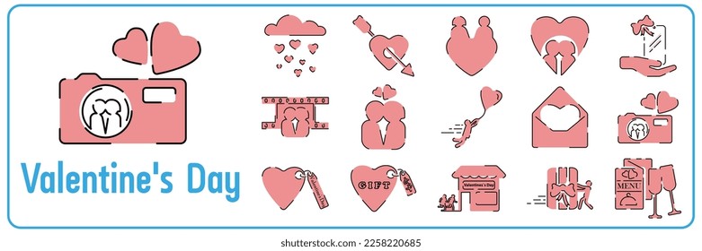 Set of cute vector love icon. Collection of scrapbooking design elements for valentines day: heart, holiday gift, ice cream. Romantic red and pink line vector 
