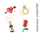 Set of cute vector love illustrations. Courtship collection. Design elements for engagement, wedding, valentines day. Romantic doodle vector icons. Hand drawn cartoon style. Engagement concept