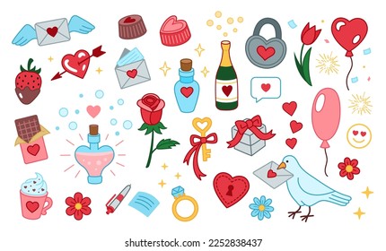 Set of cute vector love illustrations. Valentines day collection. Design elements for valentines day. Romantic doodle vector icons pack. Hand drawn, freehand cartoon style.