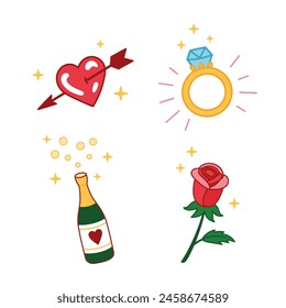 Set of cute vector love illustrations. Courtship collection. Design elements for engagement, wedding, valentines day. Romantic doodle vector icons. Hand drawn cartoon style. Engagement concept