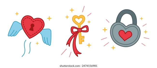 Set of cute vector love illustrations. Locked heart and the key to it. Valentines day Design vector elements collection.