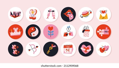 Set of cute vector love round stickers for daily planner and diary.Collection of scrapbooking design elements for valentines day. Romantic doodle vector icons pack for decorating gift presents