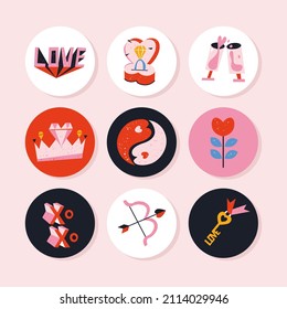 Set of cute vector love round stickers for daily planner and diary. Romantic doodle vector icons pack for decorating gift presents. Collection of scrapbooking design elements for valentines day