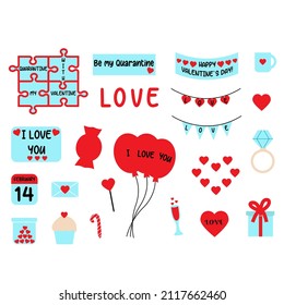 Set of cute vector love stickers for planner. Scrapbooking collection with elements for valentines day. Romantic doodle vector elements. Vector illustration.