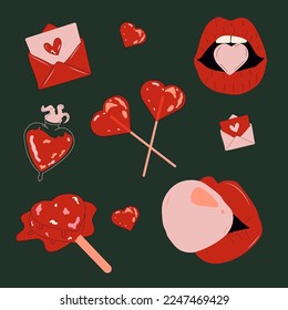 Conjunto de lindos stickers de amor vectorial para el planificador diario y diario sobre el fondo oscuro. Colección de elementos de diseño de scrapbooking para el día de San Valentín. Paquete romántico de iconos vectoriales planos.