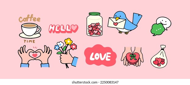 Conjunto de lindos stickers de amor vectorial para el planificador diario y diario. Colección de elementos de diseño de scrapbooking para el día de San Valentín.