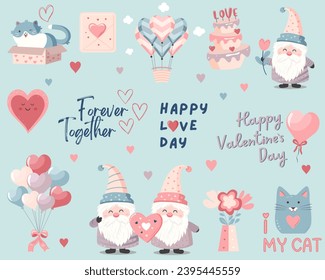 Set of cute vector love stickers. Valentines day elements: gnome, heart, cat, balloons. Romantic vector icons pack pastel colors