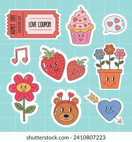 Set of cute vector love stickers in retro groovy style for Valentine day. Love coupon, cupcake, strawberry, flower, bear, heart. Sticker badges and labels, romantic holidays Valentine day pack. 