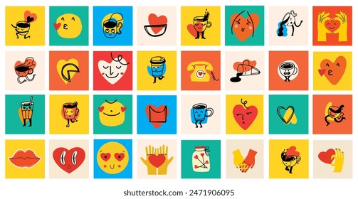 Set of cute vector love stickers for daily planner and diary. Collection of scrapbooking design elements for valentines day: heart, holiday gift, coffee. Romantic doodle vector icons pack.
