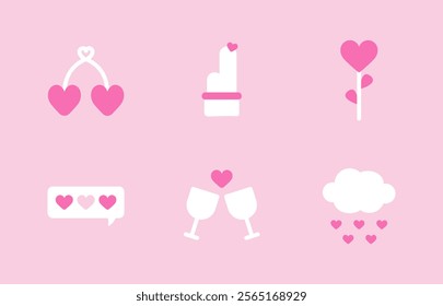 Set of cute vector love stickers. Collection of scrapbooking design elements for Valentines day: heart, cherry, flower, cactus, wine glasses, cloud with falling hearts. Romantic vector icons pack