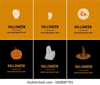 Set of cute vector minimalistic halloween covers in cartoon style. Set with funny vector autumn elements for Halloween. Pumpkin, ghost, cake, candle, scull and witch hat. Happy Halloween cards.