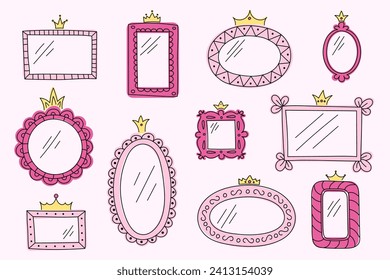Set of cute vector mirrors in different shades of pink. Whimsical vintage hand drawn frames, crowns and swirls.