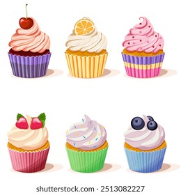 Conjunto de muffins de Vector lindo y cupcakes decorados con frutas y chispas. Ilustración vectorial EPS10.