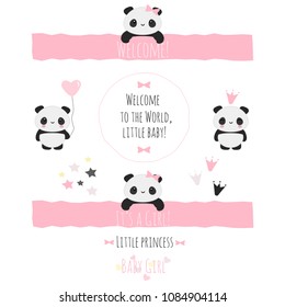 Set Of Cute Vector Objects For Baby Shower In Girly Pink Theme With Kawaii Panda Bears, Perfect Stuff For Invitations, Greeting Cards, Etc. 