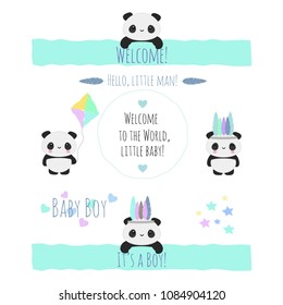 Set of cute vector objects for baby shower in boys theme with panda bears, perfect stuff for invitations, greeting cards, etc.