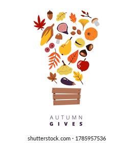 Set of cute vector objects. illustrations of autumn objects: fruits and vegetables, harvest, leaves, plants, pumpkin, pomegranates, figs and nuts. Cute freehand drawings to create a poster or card