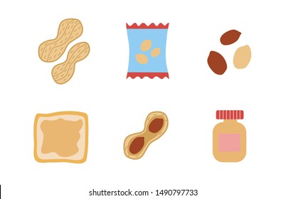 Set of cute vector objects: peanut kernels, jar of peanut butter, nutshells, package, toast. Isolated icons on the white background. Usable for banners, posters, cards, packaging, signs, commercial